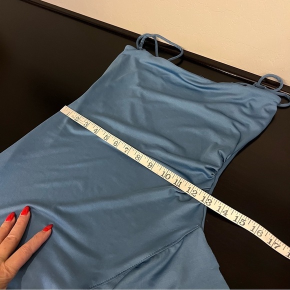 VIBE bodycon flirty dress, side slit & ruffle detail, Teal blue, stretchy, M - Picture 9 of 13